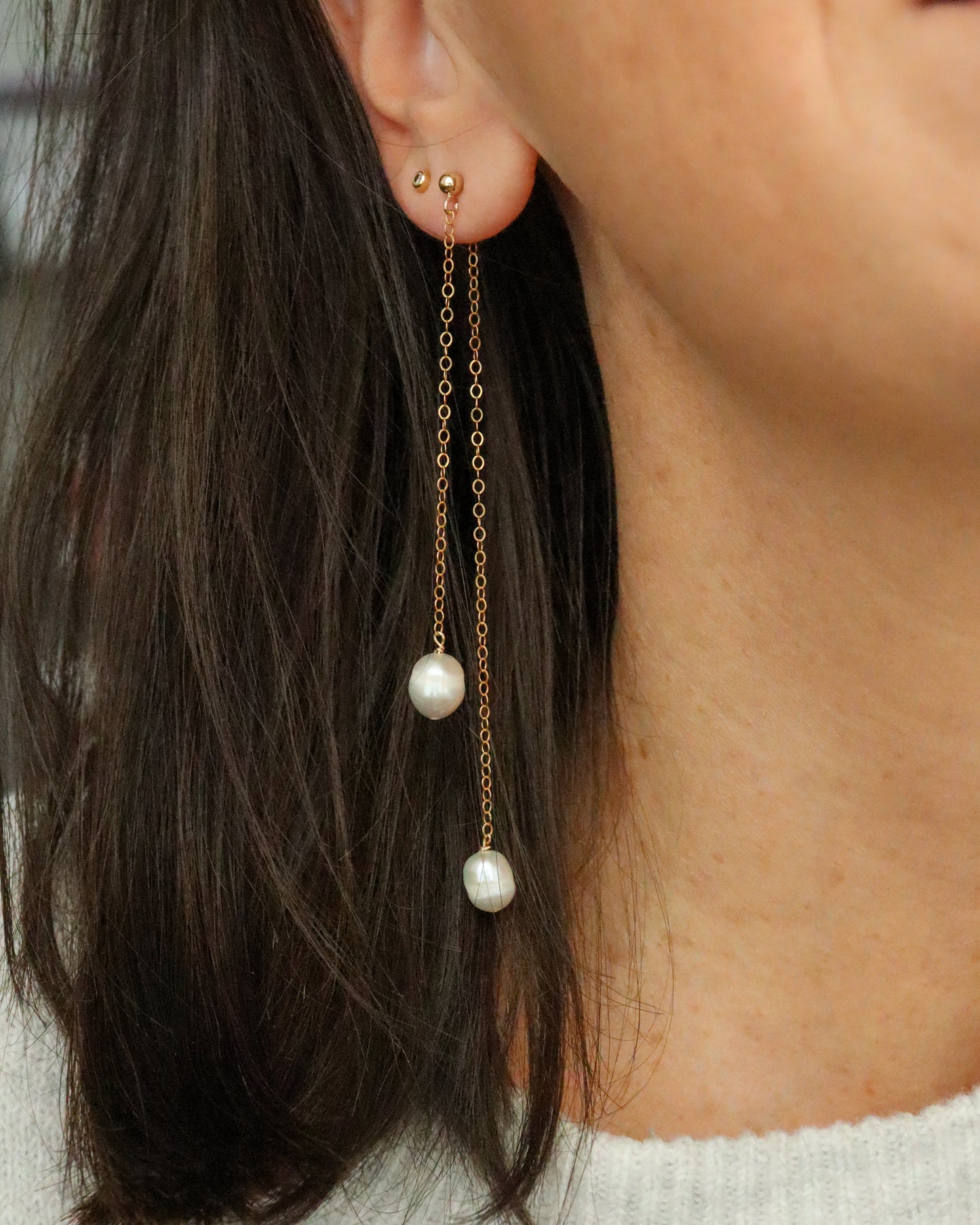 14K Gold Filled Double Chain and Freshwater Pearl Earrings