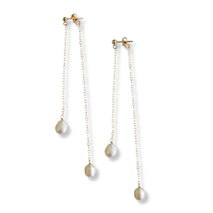 14K Gold Filled Double Chain and Freshwater Pearl Earrings
