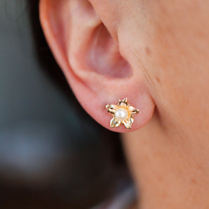 Pearl and Gold Flower Studs